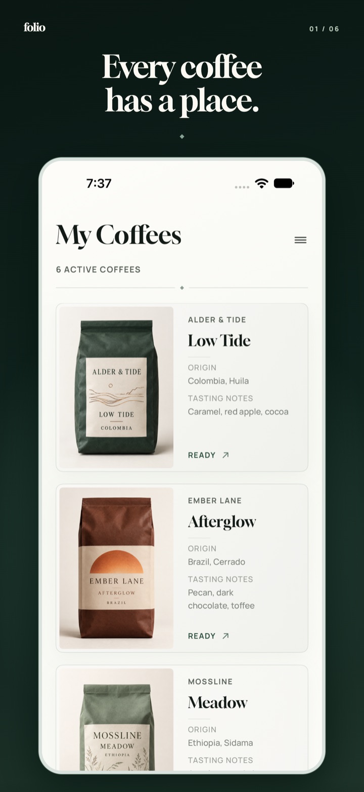 folio's My Coffees collection with six fictional coffee bags