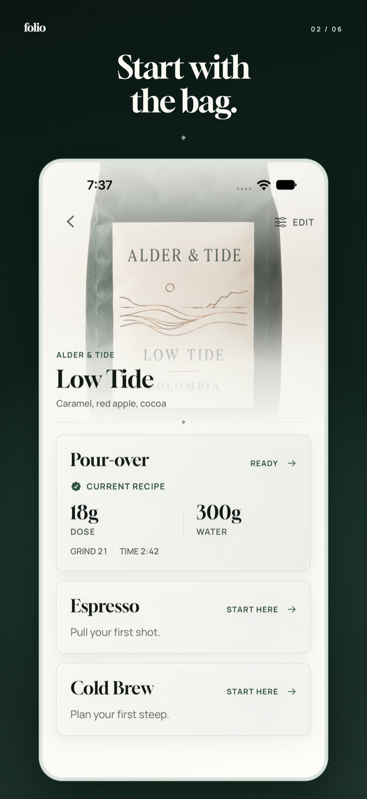 Coffee detail page for the fictional Low Tide coffee