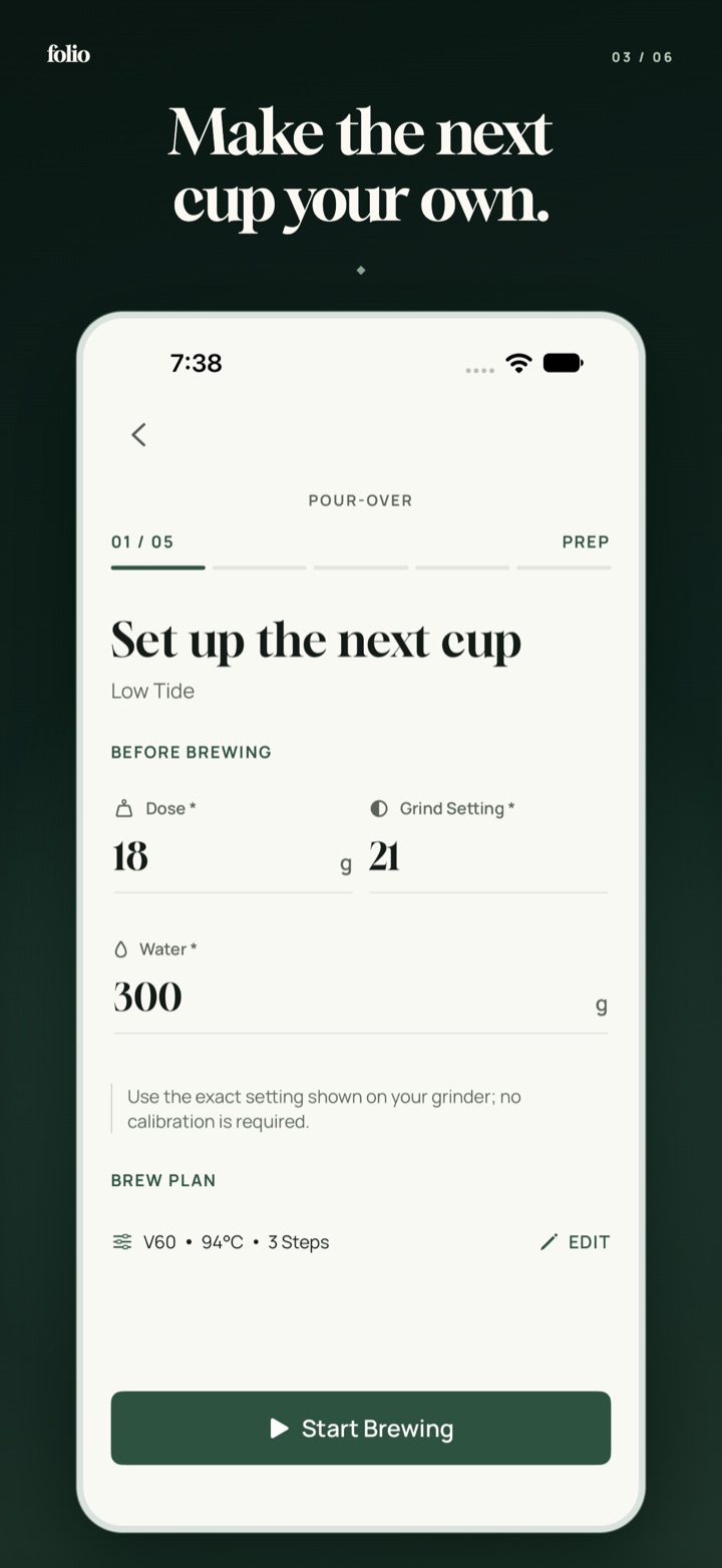 Pour-over brew setup with dose, grind, water, and brew plan
